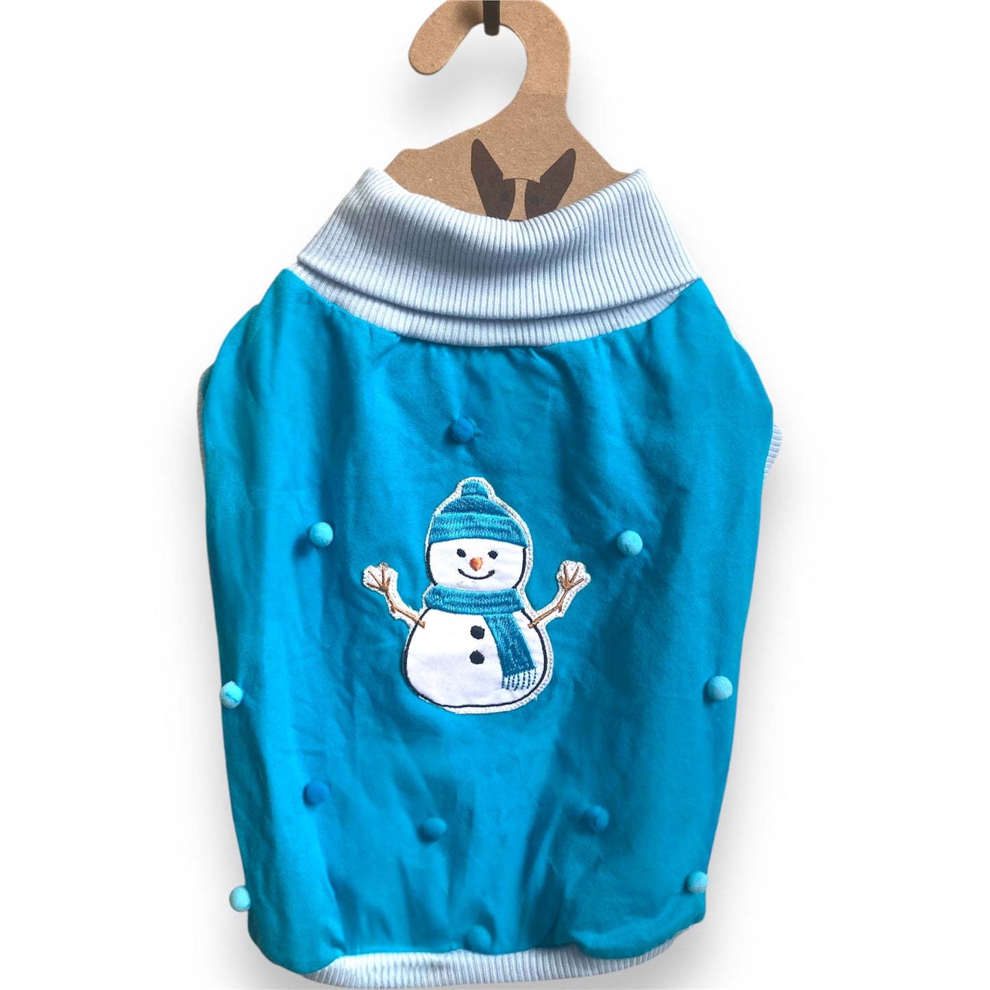 Pet Christmas Sleveless Shirt Blue Snowman with Pom Pom