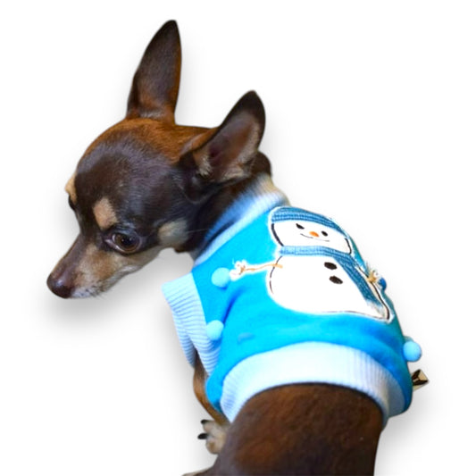 Pet Christmas Sleveless Shirt Blue Snowman with Pom Pom